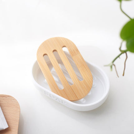 Jabonera blanca con rejilla de bambú