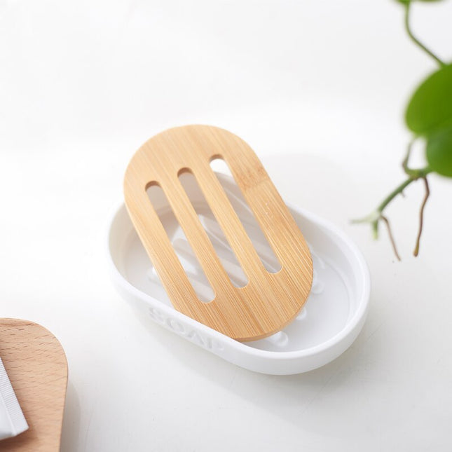 Jabonera blanca con rejilla de bambú