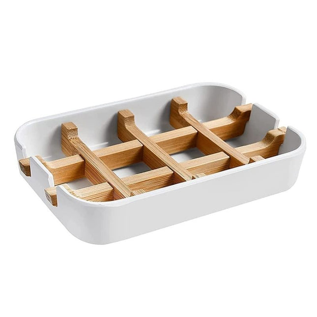 Jabonera de bambú y plástico blanco