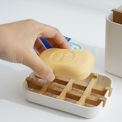 Jabonera de bambú y plástico blanco