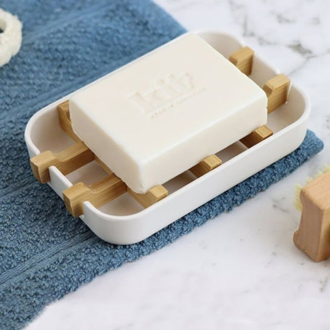 Jabonera de bambú y plástico blanco