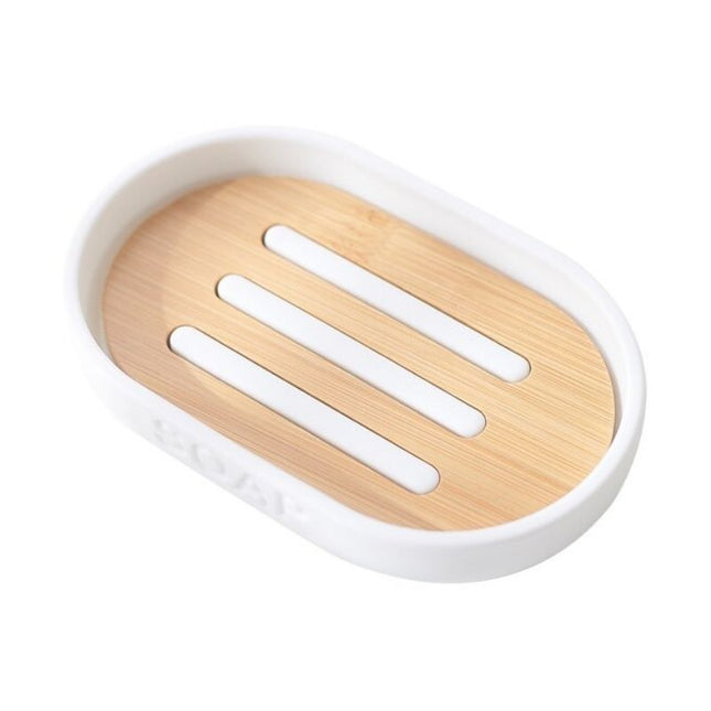 Jabonera blanca con rejilla de bambú