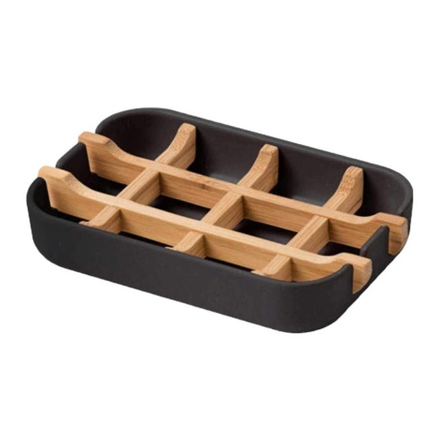Jabonera rectangular negra con base bambú