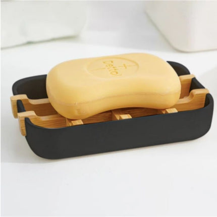 Jabonera rectangular negra con base bambú